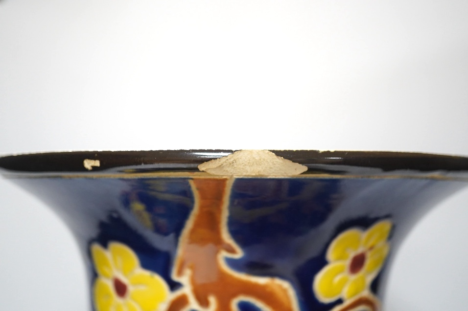 A South East Asian polychrome pottery vase and a Staffordshire pottery greyhound pen holder, vase 53cm high. Condition - vase fair, pen holder marks to glazing